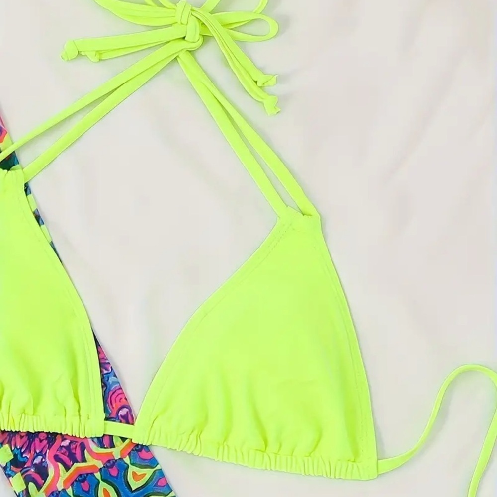 4pc Yellow Triangle Halter High Cut Bikini Set with Shrug & Drawstring Skirt - Picture 7 of 12